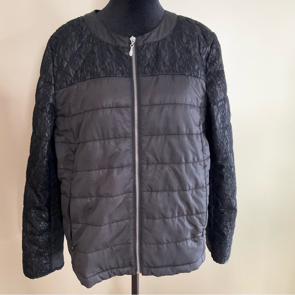 Chico's Moto‎ Collarless Black Lace-Accent Puffer Jacket